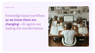Knowledge based workflows
as we know them are
changing—AI agents are
leading the transformation.
O p p o r t u n i t y
 