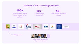 Crate
Tractions – POC’s – Design partners
Total number of agents
created till date on our
platform
Early adaptors
(enterprise)
Total number of creators
till date
100+ 10+ 40+
Design partner
Domain expert - design partners
Top voices in LinkedIn
+
 