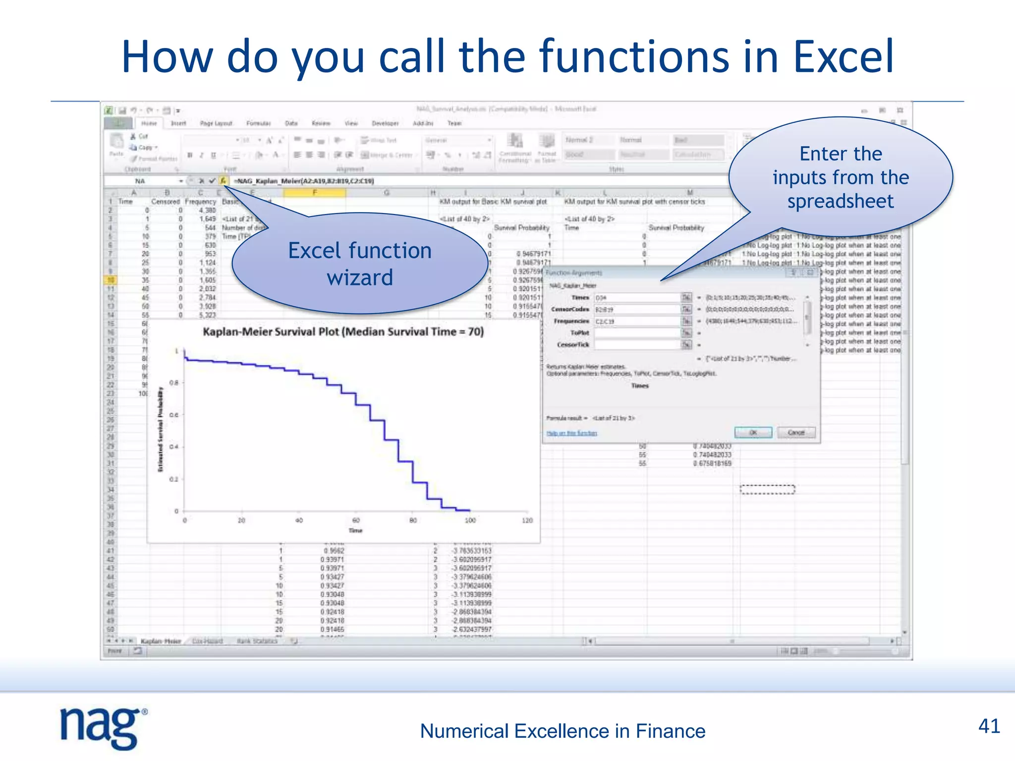 How do you call the functions in Excel
                                                         Enter the
                                                      inputs from the
                                                        spreadsheet

        Excel function
           wizard




                    Numerical Excellence in Finance                     41
 