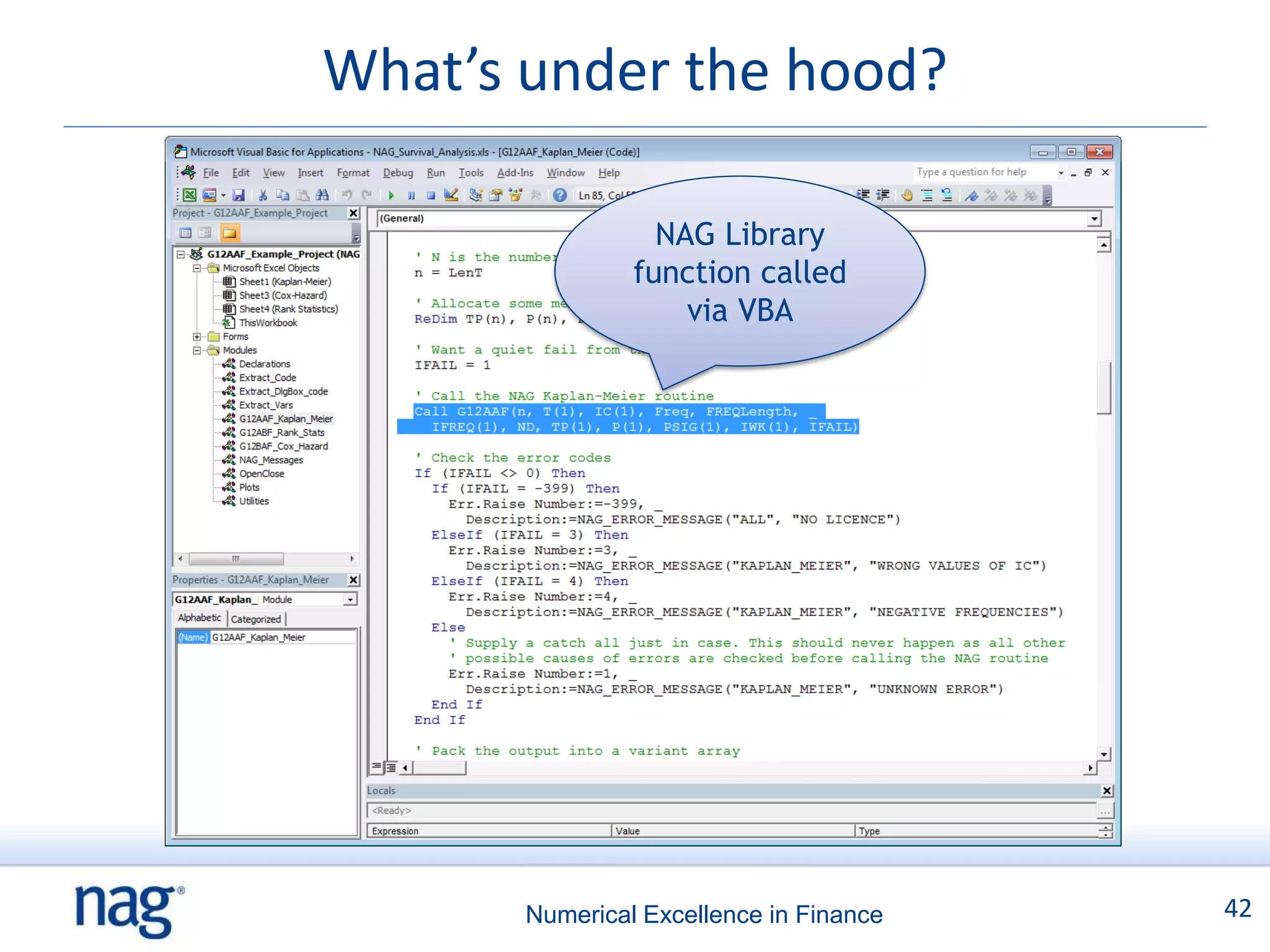 What’s under the hood?

                  NAG Library
                function called
                    via VBA




       Numerical Excellence in Finance   42
 