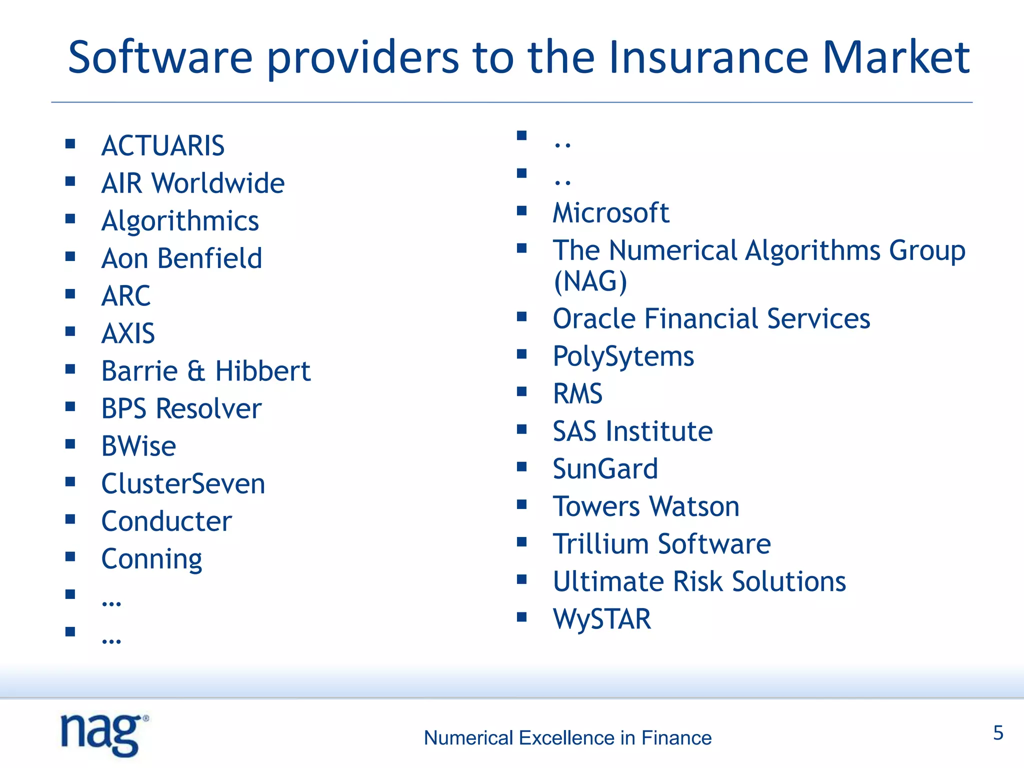 Software providers to the Insurance Market
   ACTUARIS                       ..
   AIR Worldwide                  ..
   Algorithmics                   Microsoft
   Aon Benfield                   The Numerical Algorithms Group
                                    (NAG)
   ARC
   AXIS
                                   Oracle Financial Services
   Barrie & Hibbert
                                   PolySytems
   BPS Resolver
                                   RMS
   BWise
                                   SAS Institute
   ClusterSeven
                                   SunGard
   Conducter
                                   Towers Watson
   Conning
                                   Trillium Software
   …
                                   Ultimate Risk Solutions
   …
                                   WySTAR



                       Numerical Excellence in Finance               5
 