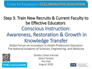 Step 3: Train New Recruits & Current Faculty to
be Effective Educators
Conscious Instruction:
Awareness, Restoration & Growth in
Knowledge Transfer
Global Forum on Innovation in Health Professions Education
The National Academy of Sciences, Engineering, and Medicine
Shelley Cohen Konrad
Karen Pardue
Kris Hall
August 2020PollEv.com/cece2020
 