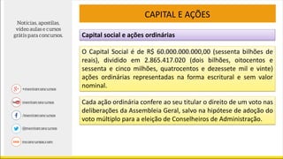 Capital social e ações ordinárias
CAPITAL E AÇÕES
O Capital Social é de R$ 60.000.000.000,00 (sessenta bilhões de
reais), dividido em 2.865.417.020 (dois bilhões, oitocentos e
sessenta e cinco milhões, quatrocentos e dezessete mil e vinte)
ações ordinárias representadas na forma escritural e sem valor
nominal.
Cada ação ordinária confere ao seu titular o direito de um voto nas
deliberações da Assembleia Geral, salvo na hipótese de adoção do
voto múltiplo para a eleição de Conselheiros de Administração.
 