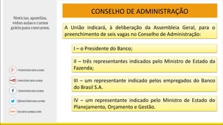 A União indicará, à deliberação da Assembleia Geral, para o
preenchimento de seis vagas no Conselho de Administração:
CONSELHO DE ADMINISTRAÇÃO
I – o Presidente do Banco;
II – três representantes indicados pelo Ministro de Estado da
Fazenda;
III – um representante indicado pelos empregados do Banco
do Brasil S.A.
IV – um representante indicado pelo Ministro de Estado do
Planejamento, Orçamento e Gestão.
 