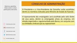 O Presidente e o Vice-Presidente do Conselho serão escolhidos
dentre os membros indicados pelo Ministro de Estado da Fazenda
CONSELHO DE ADMINISTRAÇÃO
O representante dos empregados será escolhido pelo voto direto
de seus pares, dentre os empregados ativos da empresa, em
eleição organizada e regulamentada pelo Banco, em conjunto com
as entidades sindicais que os representam
 