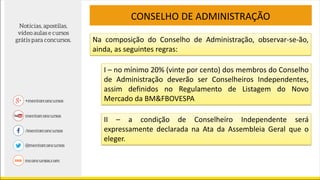 Na composição do Conselho de Administração, observar-se-ão,
ainda, as seguintes regras:
CONSELHO DE ADMINISTRAÇÃO
I – no mínimo 20% (vinte por cento) dos membros do Conselho
de Administração deverão ser Conselheiros Independentes,
assim definidos no Regulamento de Listagem do Novo
Mercado da BM&FBOVESPA
II – a condição de Conselheiro Independente será
expressamente declarada na Ata da Assembleia Geral que o
eleger.
 
