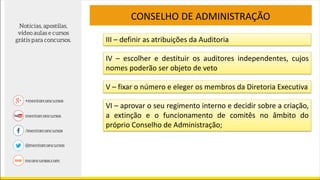 III – definir as atribuições da Auditoria
CONSELHO DE ADMINISTRAÇÃO
IV – escolher e destituir os auditores independentes, cujos
nomes poderão ser objeto de veto
V – fixar o número e eleger os membros da Diretoria Executiva
VI – aprovar o seu regimento interno e decidir sobre a criação,
a extinção e o funcionamento de comitês no âmbito do
próprio Conselho de Administração;
 
