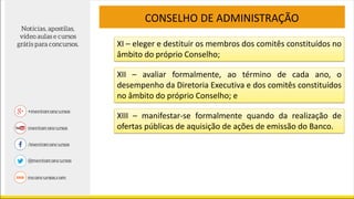 XI – eleger e destituir os membros dos comitês constituídos no
âmbito do próprio Conselho;
CONSELHO DE ADMINISTRAÇÃO
XII – avaliar formalmente, ao término de cada ano, o
desempenho da Diretoria Executiva e dos comitês constituídos
no âmbito do próprio Conselho; e
XIII – manifestar-se formalmente quando da realização de
ofertas públicas de aquisição de ações de emissão do Banco.
 