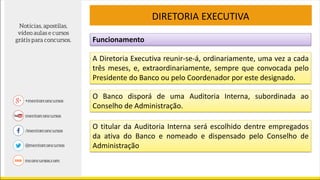 Funcionamento
DIRETORIA EXECUTIVA
A Diretoria Executiva reunir-se-á, ordinariamente, uma vez a cada
três meses, e, extraordinariamente, sempre que convocada pelo
Presidente do Banco ou pelo Coordenador por este designado.
O Banco disporá de uma Auditoria Interna, subordinada ao
Conselho de Administração.
O titular da Auditoria Interna será escolhido dentre empregados
da ativa do Banco e nomeado e dispensado pelo Conselho de
Administração
 