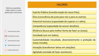 Espírito Público (transformação do nosso País);
VALORES
Ética (consciência do justo para nós e para os outros);
Potencial Humano (capacidade de superar e ir além);
Competência (capacidade de vencer desafios);
Eficiência (busca pela melhor forma de fazer as coisas);
Unicidade (um em todos);
Sustentabilidade (resultado, desenvolvimento e proteção do
nosso mundo);
Inovação (transformar ideias em soluções)
Agilidade (vontade de fazer acontecer);
 