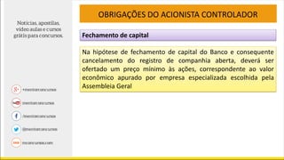 Fechamento de capital
OBRIGAÇÕES DO ACIONISTA CONTROLADOR
Na hipótese de fechamento de capital do Banco e consequente
cancelamento do registro de companhia aberta, deverá ser
ofertado um preço mínimo às ações, correspondente ao valor
econômico apurado por empresa especializada escolhida pela
Assembleia Geral
 