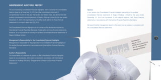INDEPENDENT AUDITORS’ REPORT
The accompanying Consolidated Financial Highlights, which comprise the consolidated

Opinion

balance sheet as at December 31, 2012 and the consolidated statement of

In our opinion, the Consolidated Financial Highlights derived from the audited

comprehensive income for the year then ended and related notes, are derived from the

consolidated financial statements of Nagico Holdings Limited for the year ended

audited consolidated financial statements of Nagico Holdings Limited for the year ended

December 31, 2012 are consistent, in all material respects, with those financial

December 31, 2012. We expressed an unmodified audit opinion on those financial

statements, in accordance with International Financial Reporting Standards.

statements in our report dated April 23, 2013.
We report that the management report, to the extent we can assess, is consistent with
The Consolidated Financial Highlights do not contain all the disclosures required by

the consolidated financial statements.

International Financial Reporting Standards. Reading the summary financial statements,
therefore, is not a substitute for reading the audited consolidated financial statements of
Nagico Holdings Limited.
Management’s Responsibility for the Consolidated Financial Highlights
Management is responsible for the preparation of Consolidated Financial Highlights of
the audited financial statements in accordance with International Financial Reporting
Standards.

aarten
Sint M
2013
B.V.
y 31,
Ma
ntants
u
Acco
A
KPMG esselaer R
K
.
ctor
M.L.M
g Dire
gin
Mana

Auditor’s Responsibility
Our responsibility is to express an opinion on the Consolidated Financial Highlights
based on our procedures, which were conducted in accordance with International
Standard on Auditing (ISA) 810, “Engagements to Report on Summary Financial
Statements.”
17

 