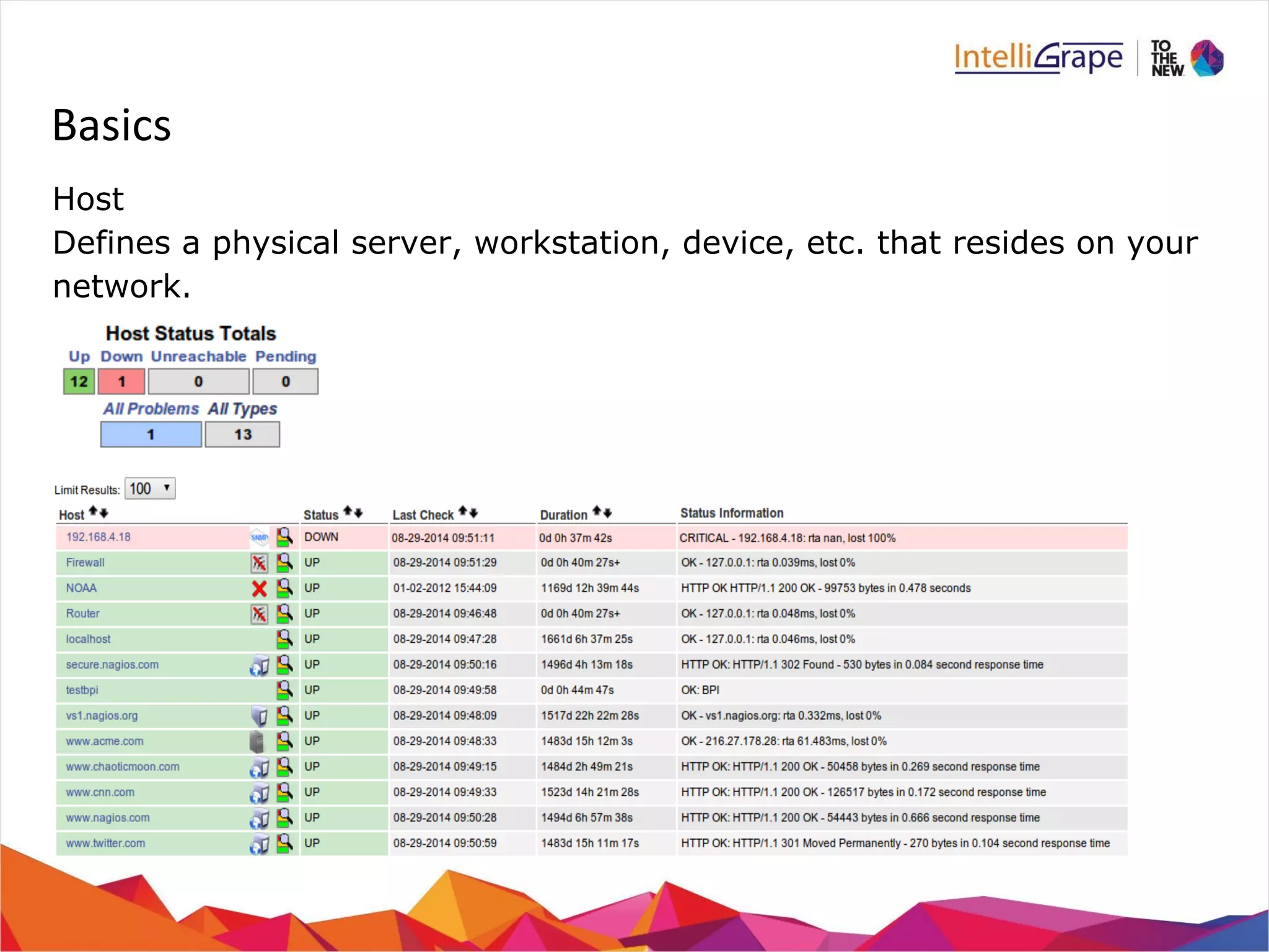 Basics 
Host 
Defines a physical server, workstation, device, etc. that resides on your 
network. 
 