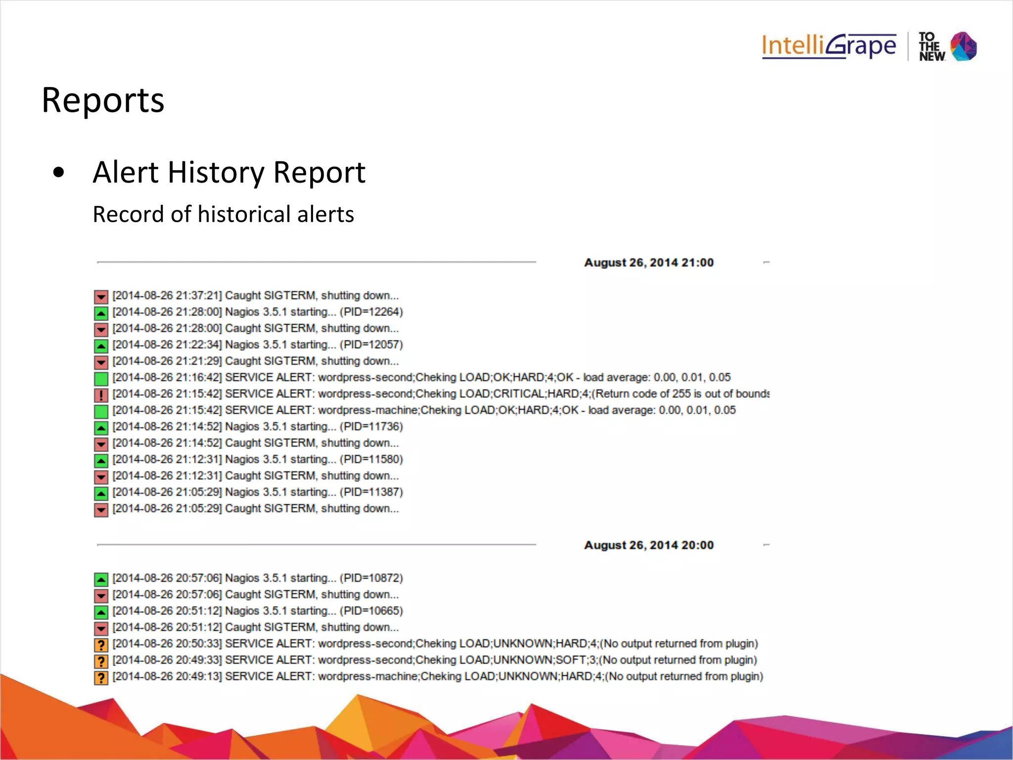 Reports 
• Alert History Report 
Record of historical alerts 
 