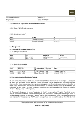 Solutions Architecture Version: 1.0
Project View Date: 00/00/0000
As informações contidas neste documento de uso são proprietárias e para uso restrito.
eboxx® – host&check
2.4 Desenho de Arquitetura – Plano de Endereçamento
2.4.1 Redes (VLANS, Balanceamento)
2.4.2 Servidores (Host, IP)
HOST ALIAS IP
HOST1 Centreon-nagios-la-1 11.11.1.1
HOST2 Centreon-nagios-ld-1 22.22.2.1
3. Planejamento
3.1 Definição de Infra-estrutura SW/HW
3.1.1 Definição do Software
HOST SO Aplicação Versão
HOST1 RH 6.6 x64 Nagios/Centreon 4.0.8 / 2.0.3
HOST2 RH 6.6 x64 MySQL 5.5
3.1.2 Definição do hardware
HOST SERVER Processadore
s
Memória Disco
HOST1 DELL 3050 Quad Core 1.6 2GB 2x143GB (RAID 0)
HOST2 DELL 3050 Quad Core 1.6 4GB 4x143GB (RAID 0+1)
3.2 Itens Monitorados (Checks ou Plugins)
Os “checks” ou “plugins” são scripts são predefinidos com “thresholds” padrões, um exemplo é a checagem
de disco com 80% para estado “warning” e 90% estado de “critical”, estes scripts também podem ser
desenvolvidos deste que obedeçam as regras de saída para entendimento do sistema de monitoração, as
regras serão demonstradas mais abaixo neste documento. Os “checks” são agrupados de duas formas que
monitora o servidor físico e o “check” de serviço o qual monitora serviços específicos. Dentro do ambiente
Centreon são agrupados por “Templates”.
Os “Templates” são grupos de “checks” ou grupos de “hosts”, por exemplo, o “Template Front-End” contem
dos os servidores Front-Ends e este template pode ser associado a um template de serviços onde as
verificações são comuns, um exemplo e a porta WWW. Ficaria da seguinte forma, “template de front-end”
associado ao “template de serviço WWW”, assim para qualquer host novo adicionado ao “template de front-
 