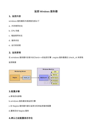 监控 Windows 服务器
1. 监控内容

windows 服务器的内部参数包括以下

a. 内存使用状况

b. CPU 负载

c. 磁盘使用状况

d. 服务状态

e. 运行的进程


2. 监控原理

在 windows 服务器内安装 NSClient++的监控引擎，nagios 服务器通过 check_nt 来获取

监控数据




3.配置步骤

a.修改启动参数

b.windows 服务器安装监控引擎

c.在 Nagios 服务器内建立监控主机和监控服务配置

d.重新启动 Nagios 服务


4.确认已经配置是否存在
 