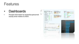 •   Dashboards
•   Provide information to respective personnel
    exactly what matters to them
 