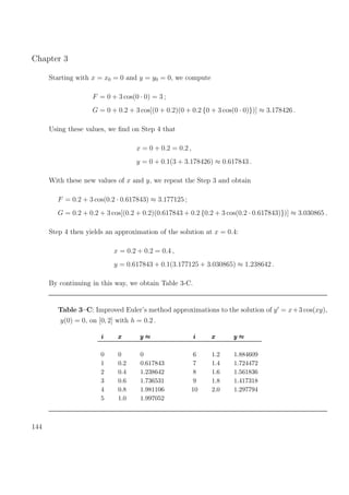 Chapter 3
Starting with x = x0 = 0 and y = y0 = 0, we compute
F = 0 + 3 cos(0 · 0) = 3 ;
G = 0 + 0.2 + 3 cos[(0 + 0.2)(0 + 0.2 {0 + 3 cos(0 · 0)})] ≈ 3.178426 .
Using these values, we ﬁnd on Step 4 that
x = 0 + 0.2 = 0.2 ,
y = 0 + 0.1(3 + 3.178426) ≈ 0.617843 .
With these new values of x and y, we repeat the Step 3 and obtain
F = 0.2 + 3 cos(0.2 · 0.617843) ≈ 3.177125 ;
G = 0.2 + 0.2 + 3 cos[(0.2 + 0.2)(0.617843 + 0.2 {0.2 + 3 cos(0.2 · 0.617843)})] ≈ 3.030865 .
Step 4 then yields an approximation of the solution at x = 0.4:
x = 0.2 + 0.2 = 0.4 ,
y = 0.617843 + 0.1(3.177125 + 3.030865) ≈ 1.238642 .
By continuing in this way, we obtain Table 3-C.
Table 3–C: Improved Euler’s method approximations to the solution of y = x+3 cos(xy),
y(0) = 0, on [0, 2] with h = 0.2 .
iii xxx y ≈y ≈y ≈ iii xxx y ≈y ≈y ≈
0 0 0 6 1.2 1.884609
1 0.2 0.617843 7 1.4 1.724472
2 0.4 1.238642 8 1.6 1.561836
3 0.6 1.736531 9 1.8 1.417318
4 0.8 1.981106 10 2.0 1.297794
5 1.0 1.997052
144
 