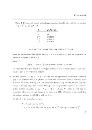 Exercises 3.6
Table 3–D: Improved Euler’s method approximations to φ(1), where φ(x) is the solution
to y = 1 − y + y3
, y(0) = 0.
hhh y(1; h) ≈ φ(1)y(1; h) ≈ φ(1)y(1; h) ≈ φ(1)
1 1.0
2−1 0.7372229
2−2 0.7194115
2−3 0.7169839
y = 0.40625 + 0.25(0.6607971 + 0.6630946) ≈ 0.7372229 .
Thus the approximate value of the solution at x = 1 is 0.7372229. Further outputs of the
algorithm are given in Table 3-D.
Since
y(1; 2−3
) − y(1; 2−2
) = |0.7169839 − 0.7194115| < 0.003 ,
the algorithm stops (see Step 6 of the improved Euler’s method with tolerance) and prints
out that φ(1) is approximately 0.71698.
15. For this problem, f(x, y) = (x + y + 2)2
. We want to approximate the solution, satisfying
y(0) = −2, on the interval [0, 1.4] to ﬁnd the point, with two decimal places of accuracy, where
it crosses the x-axis, that is y = 0. Our approach is to use a step size of 0.005 and look for a
change in the sign of y. This requires 280 steps. For this procedure inputs to the improved
Euler’s method subroutine are x0 = 0, y0 = −2, c = 1.4, and N = 280. We will stop the
subroutine when we see a sign change in the value of y. (The subroutine is implemented on
the software package provided free with the text.)
For Step 3 of the subroutine we have
F = f(x, y) = (x + y + 2)2
,
G = f(x + h, y + hF) = (x + h + y + hF + 2)2
= [x + y + 2 + h(1 + F)]2
.
147
 