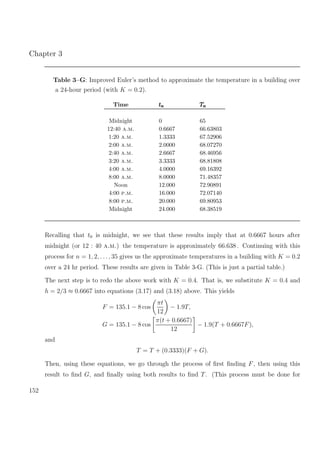 Chapter 3
Table 3–G: Improved Euler’s method to approximate the temperature in a building over
a 24-hour period (with K = 0.2).
Time tntntn TnTnTn
Midnight 0 65
12:40 a.m. 0.6667 66.63803
1:20 a.m. 1.3333 67.52906
2:00 a.m. 2.0000 68.07270
2:40 a.m. 2.6667 68.46956
3:20 a.m. 3.3333 68.81808
4:00 a.m. 4.0000 69.16392
8:00 a.m. 8.0000 71.48357
Noon 12.000 72.90891
4:00 p.m. 16.000 72.07140
8:00 p.m. 20.000 69.80953
Midnight 24.000 68.38519
Recalling that t0 is midnight, we see that these results imply that at 0.6667 hours after
midnight (or 12 : 40 a.m.) the temperature is approximately 66.638 . Continuing with this
process for n = 1, 2, . . ., 35 gives us the approximate temperatures in a building with K = 0.2
over a 24 hr period. These results are given in Table 3-G. (This is just a partial table.)
The next step is to redo the above work with K = 0.4. That is, we substitute K = 0.4 and
h = 2/3 ≈ 0.6667 into equations (3.17) and (3.18) above. This yields
F = 135.1 − 8 cos
πt
12
− 1.9T,
G = 135.1 − 8 cos
π(t + 0.6667)
12
− 1.9(T + 0.6667F),
and
T = T + (0.3333)(F + G).
Then, using these equations, we go through the process of ﬁrst ﬁnding F, then using this
result to ﬁnd G, and ﬁnally using both results to ﬁnd T. (This process must be done for
152
 