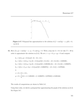 Exercises 3.7
–3
–2
–1
0
0.5 1 1.5 2 2.5 3
y
x
Figure 3–C: Polygonal line approximation to the solution of y = cos(5y) − x, y(0) = 0,
on [0, 3].
15. Here f(x, y) = cos(5y) − x, x0 = 0, and y0 = 0. With a step size h = 0.1 we take N = 30 in
order to approximate the solution on [0, 3]. We set x = x0 = 0, y = y0 = 0 and compute
k1 = hf(x, y) = 0.1[cos(5 · 0) − 0] = 0.1 ;
k2 = hf(x + h/2, y + k1/2) = 0.1[cos(5(0 + 0.1/2)) − (0 + 0.1/2)] = 0.091891 ;
k3 = hf(x + h/2, y + k2/2) = 0.1[cos(5(0 + 0.091891/2)) − (0 + 0.1/2)] = 0.092373 ;
k4 = hf(x + h, y + k3) = 0.1[cos(5(0 + 0.092373)) − (0 + 0.1)] = 0.079522 ;
⇓
x = 0 + 0.1 = 0.1 ,
y = 0 +
1
6
(0.1 + 2 · 0.091891 + 2 · 0.092373 + 0.079522) ≈ 0.091342 ;
...
The results of computations are shown in Table 3-J.
Using these value, we sketch a polygonal line approximating the graph of the solution on [0, 3].
See Figure 3-C.
161
 