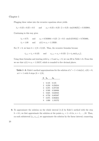 Chapter 1
Plugging these values into the recursive equations above yields
t2 = 0.25 + 0.25 = 0.5 and x2 = 0.25 + 0.25 · [1 + 0.25 · sin(0.0625)] = 0.503904 .
Continuing in this way gives
t3 = 0.75 and x3 = 0.503904 + 0.25 · [1 + 0.5 · sin(0.251952)] = 0.785066 ,
t4 = 1.00 and φ(1) ≈ x4 = 1.13920 .
For N = 8, we have h = 1/8 = 0.125 . Thus, the recursive formulas become
tn+1 = tn + 0.125 and xn+1 = xn + 0.125 · [1 + tn sin(tnxn)] .
Using these formulas and starting with t0 = 0 and x0 = 0, we can ﬁll in Table 1-A. From this
we see that φ(1) ≈ x8 = 1.19157, which is rounded to ﬁve decimal places.
Table 1–A: Euler’s method approximations for the solution of x = 1+t sin(tx), x(0) = 0,
at t = 1 with 8 steps (h = 1/8).
nnn tttnnn xxxnnn
1 0.125 0.125
2 0.250 0.250244
3 0.375 0.377198
4 0.500 0.508806
5 0.625 0.649535
6 0.750 0.805387
7 0.875 0.983634
8 1.000 1.191572
9. To approximate the solution on the whole interval [1, 2] by Euler’s method with the step
h = 0.1, we ﬁrst approximate the solution at the points xn = 1 + 0.1n, n = 1, . . ., 10. Then,
on each subinterval [xn, xn+1], we approximate the solution by the linear interval, connecting
20
 