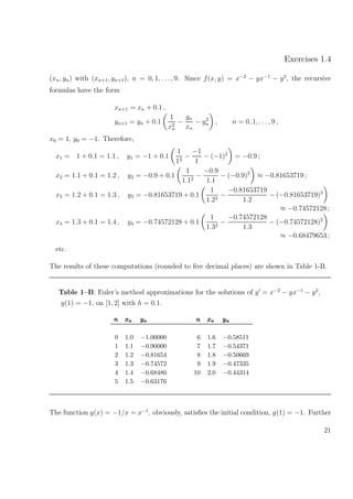 Exercises 1.4
(xn, yn) with (xn+1, yn+1), n = 0, 1, . . ., 9. Since f(x, y) = x−2
− yx−1
− y2
, the recursive
formulas have the form
xn+1 = xn + 0.1 ,
yn+1 = yn + 0.1
1
x2
n
−
yn
xn
− y2
n , n = 0, 1, . . ., 9 ,
x0 = 1, y0 = −1. Therefore,
x1 = 1 + 0.1 = 1.1 , y1 = −1 + 0.1
1
12
−
−1
1
− (−1)2
= −0.9 ;
x2 = 1.1 + 0.1 = 1.2 , y2 = −0.9 + 0.1
1
1.12
−
−0.9
1.1
− (−0.9)2
≈ −0.81653719 ;
x3 = 1.2 + 0.1 = 1.3 , y3 = −0.81653719 + 0.1
1
1.22
−
−0.81653719
1.2
− (−0.81653719)2
≈ −0.74572128 ;
x4 = 1.3 + 0.1 = 1.4 , y4 = −0.74572128 + 0.1
1
1.32
−
−0.74572128
1.3
− (−0.74572128)2
≈ −0.68479653 ;
etc.
The results of these computations (rounded to ﬁve decimal places) are shown in Table 1-B.
Table 1–B: Euler’s method approximations for the solutions of y = x−2
− yx−1
− y2
,
y(1) = −1, on [1, 2] with h = 0.1.
nnn xxxnnn yyynnn nnn xxxnnn yyynnn
0 1.0 −1.00000 6 1.6 −0.58511
1 1.1 −0.90000 7 1.7 −0.54371
2 1.2 −0.81654 8 1.8 −0.50669
3 1.3 −0.74572 9 1.9 −0.47335
4 1.4 −0.68480 10 2.0 −0.44314
5 1.5 −0.63176
The function y(x) = −1/x = x−1
, obviously, satisﬁes the initial condition, y(1) = −1. Further
21
 