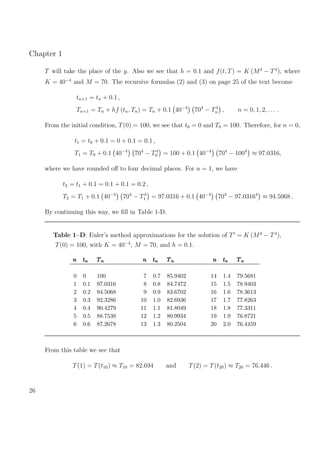 Chapter 1
T will take the place of the y. Also we see that h = 0.1 and f(t, T) = K (M4
− T4
), where
K = 40−4
and M = 70. The recursive formulas (2) and (3) on page 25 of the text become
tn+1 = tn + 0.1 ,
Tn+1 = Tn + hf (tn, Tn) = Tn + 0.1 40−4
704
− T4
n , n = 0, 1, 2, . . . .
From the initial condition, T(0) = 100, we see that t0 = 0 and T0 = 100. Therefore, for n = 0,
t1 = t0 + 0.1 = 0 + 0.1 = 0.1 ,
T1 = T0 + 0.1 40−4
704
− T4
0 = 100 + 0.1 40−4
704
− 1004
≈ 97.0316,
where we have rounded oﬀ to four decimal places. For n = 1, we have
t2 = t1 + 0.1 = 0.1 + 0.1 = 0.2 ,
T2 = T1 + 0.1 40−4
704
− T4
1 = 97.0316 + 0.1 40−4
704
− 97.03164
≈ 94.5068 .
By continuing this way, we ﬁll in Table 1-D.
Table 1–D: Euler’s method approximations for the solution of T = K (M4
− T4
),
T(0) = 100, with K = 40−4
, M = 70, and h = 0.1.
nnn tttnnn TTTnnn nnn tttnnn TTTnnn nnn tttnnn TTTnnn
0 0 100 7 0.7 85.9402 14 1.4 79.5681
1 0.1 97.0316 8 0.8 84.7472 15 1.5 78.9403
2 0.2 94.5068 9 0.9 83.6702 16 1.6 78.3613
3 0.3 92.3286 10 1.0 82.6936 17 1.7 77.8263
4 0.4 90.4279 11 1.1 81.8049 18 1.8 77.3311
5 0.5 88.7538 12 1.2 80.9934 19 1.9 76.8721
6 0.6 87.2678 13 1.3 80.2504 20 2.0 76.4459
From this table we see that
T(1) = T(t10) ≈ T10 = 82.694 and T(2) = T(t20) ≈ T20 = 76.446 .
26
 