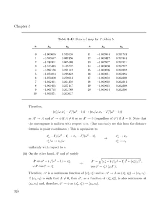 Chapter 5
Table 5–G: Poincar´e map for Problem 5.
nnn xnxnxn vnvnvn nnn xnxnxn vnvnvn
0 −1.060065 1.521008 11 −1.059944 0.261743
1 −0.599847 0.037456 12 −1.060312 0.262444
2 −1.242301 0.065170 13 −1.059997 0.262491
3 −1.103418 0.415707 14 −1.060030 0.262297
4 −0.997156 0.251142 15 −1.060096 0.262362
5 −1.074094 0.228322 16 −1.060061 0.262385
6 −1.070300 0.278664 17 −1.060058 0.262360
7 −1.052491 0.264458 18 −1.060068 0.262364
8 −1.060495 0.257447 19 −1.060065 0.262369
9 −1.061795 0.263789 20 −1.060064 0.262366
10 −1.059271 0.263037
Therefore,
(v∗
n/ω, x∗
n − F/(ω2
− 1)) → (vn/ω, xn − F/(ω2
− 1))
as A∗
→ A and φ∗
→ φ if A = 0 or as A∗
→ 0 (regardless of φ∗
) if A = 0. Note that
the convergence is uniform with respect to n. (One can easily see this from the distance
formula in polar coordinates.) This is equivalent to
x∗
n − F/(ω2
− 1) → xn − F/(ω2
− 1),
v∗
n/ω → vn/ω
⇔
x∗
n → xn ,
v∗
n → vn
uniformly with respect to n.
(ii) On the other hand, A∗
and φ∗
satisfy
A∗
sin φ∗
+ F/(ω2
− 1) = x∗
0 ,
ωA∗
cos φ∗
= v∗
0
⇒
A∗
= (x∗
0 − F/(ω2 − 1))2
+ (v∗
0/ω)2
,
cos φ∗
= v∗
0/ (ωA∗
) .
Therefore, A∗
is a continuous function of (x∗
0, v∗
0) and so A∗
→ A as (x∗
0, v∗
0) → (x0, v0).
If (x0, v0) is such that A = 0, then φ∗
, as a function of (x∗
0, v∗
0), is also continuous at
(x0, v0) and, therefore, φ∗
→ φ as (x∗
0, v∗
0) → (x0, v0).
328
 