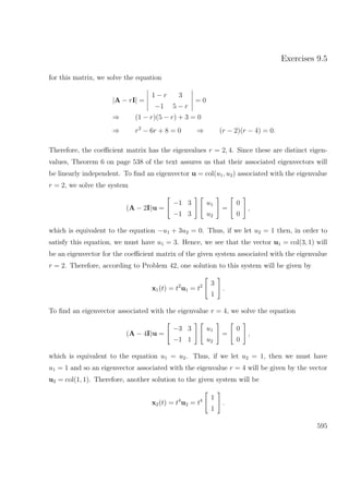 Exercises 9.5
for this matrix, we solve the equation
|A − rI| =
1 − r 3
−1 5 − r
= 0
⇒ (1 − r)(5 − r) + 3 = 0
⇒ r2
− 6r + 8 = 0 ⇒ (r − 2)(r − 4) = 0.
Therefore, the coeﬃcient matrix has the eigenvalues r = 2, 4. Since these are distinct eigen-
values, Theorem 6 on page 538 of the text assures us that their associated eigenvectors will
be linearly independent. To ﬁnd an eigenvector u = col(u1, u2) associated with the eigenvalue
r = 2, we solve the system
(A − 2I)u =
−1 3
−1 3
u1
u2
=
0
0
,
which is equivalent to the equation −u1 + 3u2 = 0. Thus, if we let u2 = 1 then, in order to
satisfy this equation, we must have u1 = 3. Hence, we see that the vector u1 = col(3, 1) will
be an eigenvector for the coeﬃcient matrix of the given system associated with the eigenvalue
r = 2. Therefore, according to Problem 42, one solution to this system will be given by
x1(t) = t2
u1 = t2 3
1
.
To ﬁnd an eigenvector associated with the eigenvalue r = 4, we solve the equation
(A − 4I)u =
−3 3
−1 1
u1
u2
=
0
0
,
which is equivalent to the equation u1 = u2. Thus, if we let u2 = 1, then we must have
u1 = 1 and so an eigenvector associated with the eigenvalue r = 4 will be given by the vector
u2 = col(1, 1). Therefore, another solution to the given system will be
x2(t) = t4
u2 = t4 1
1
.
595
 