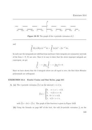 Exercises 10.4
y
1
−3π −5π/2 −2π −3π/2 −π −π/2 π/2 π 3π/2 2π 5π/2 3π x
Figure 10–B: The graph of the π-periodic extension of f.
and
∞
−∞
H1(x)H2(x)e−x2
dx =
∞
−∞
2x(4x2
− 2)e−x2
dx .
In each case the integrands are odd functions and hence their integrals over symmetric intervals
of the form (−N, N) are zero. Since it is easy to show that the above improper integrals are
convergent, we get
∞
−∞
· · · = lim
N→∞
N
−N
· · · = lim
N→∞
0 = 0.
Since we have shown that the 3 integrals above are all equal to zero, the ﬁrst three Hermite
polynomials are orthogonal.
EXERCISES 10.4: Fourier Cosine and Sine Series, page 611
3. (a) The π-periodic extension f(x) on the interval (−π, π) is
f(x) =



0, −π < x < −π/2,
1, −π/2 < x < 0,
0, 0 < x < π/2,
1, π/2 < x < π,
with f(x + 2π) = f(x). The graph of this function is given in Figure 10-B.
(b) Using the formula on page 607 of the text, the odd 2π-periodic extension fo on the
639
 