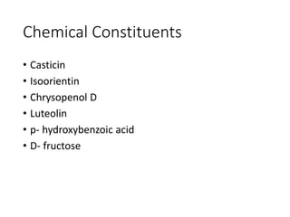 Chemical Constituents
• Casticin
• Isoorientin
• Chrysopenol D
• Luteolin
• p- hydroxybenzoic acid
• D- fructose
 