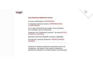 Las empresas integrantes somos:

Un grupo multidisciplinar COOPERADOR,
de reputadas empresas navarras EMPRENDEDORAS
y CUMPLIDORAS,
con un gran conocimiento de la región, de sus empresas,
de su actividad y de sus instituciones,
trabajando como “aceleradora comercial” de manera EFICAZ,
EFICIENTE y CERTERA,
ejecutando soluciones integrales, parciales y adaptables,
de productos y servicios de Navarra: PROMOCIONAMOS
NAVARRA.


Actuamos en eficiente cooperación empresarial siendo más
competitivos, más rápidos y más certeros, acelerando y
optimizando resultados en mercados locales e internacionales.
 