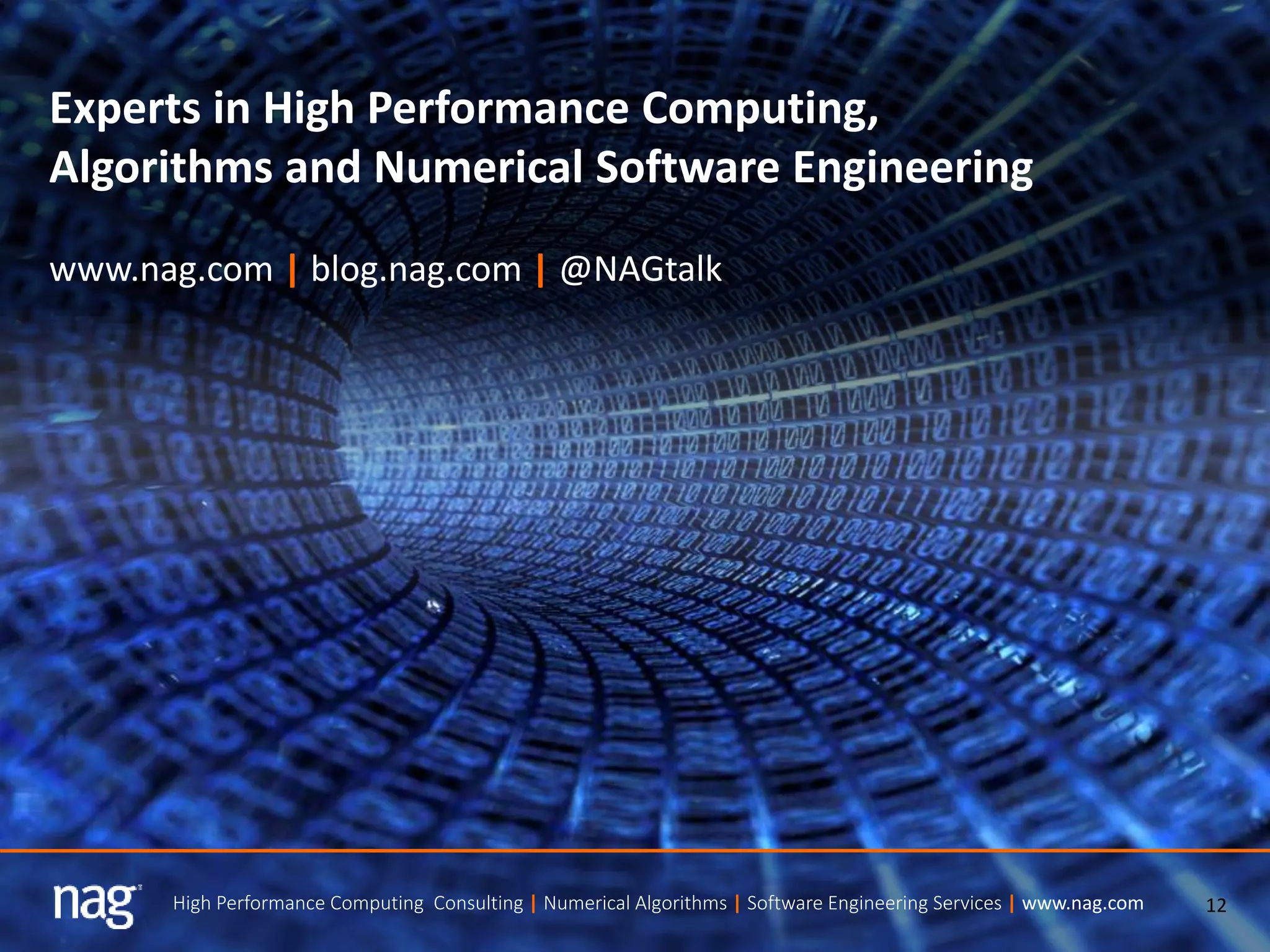 12High Performance Computing Consulting | Numerical Algorithms | Software Engineering Services | www.nag.com
Experts in High Performance Computing,
Algorithms and Numerical Software Engineering
www.nag.com | blog.nag.com | @NAGtalk
 