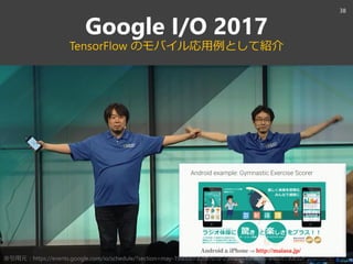 Google I/O 2017
TensorFlow のモバイル応用例として紹介
38
※引用元：https://events.google.com/io/schedule/?section=may-19&sid=33fb7070-294d-4...