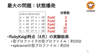最大の問題：状態爆発
•RubyKaigi時点（4月）の実験結果
•型プロファイラの型プロファイル：約10分
•optcarrotの型プロファイル：約3分
a=b=c=d=e=nil
a = 42 if n < 10
b = 42 if n < 10
c = 42 if n < 10
d = 42 if n < 10
e = 42 if n < 10
Fork!
Fork!
Fork!
Fork!
Fork!
2
4
8
16
32
状態数
24
 