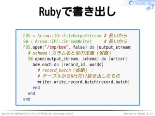 Apache ArrowのRubyバインディングをGObject Introspectionで Powered by Rabbit 2.2.1
Rubyで書き出し
FOS = Arrow::IO::FileOutputStream # 長いから...