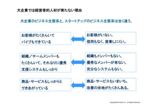 大企業では経営者的人材が育たない理由

大企業のビジネス生態系と、スタートアップのビジネス生態系は全く違う。


 お客様がたくさんいて          お客様がいない。
 パイプもできている           信用もなく、営業しにくい。


 組織／チームメンバーも         組織もメンバーもない。
 たくさんいて、それなりに優秀      優秀なメンバーが来ない。
 支援システムもしっかり         充分なシステムもない。


 商品・サービスもしっかりと       商品・サービスもいまいち。
 できあがっている            改善の余地がたくさんある。


                            Copyright©SLOGAN Inc. All Rights Reserved.
 