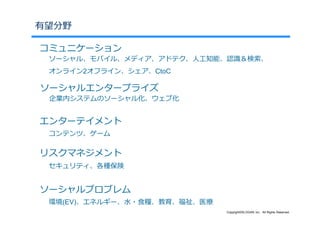 有望分野

コミュニケーション
 ソーシャル、モバイル、メディア、アドテク、⼈⼯知能、認識＆検索、
 オンライン2オフライン、シェア、CtoC

ソーシャルエンタープライズ
 企業内システムのソーシャル化、ウェブ化


エンターテイメント
 コンテンツ、ゲーム

リスクマネジメント
 セキュリティ、各種保険


ソーシャルプロブレム
 環境(EV)、エネルギー、⽔・⾷糧、教育、福祉、医療
                              Copyright©SLOGAN Inc. All Rights Reserved.
 