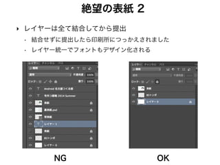 絶望のポスター印刷
‣ ポスター印刷
• A3以上のサイズも印刷可能
• 時間がかかる
• コスト高い（A3で1700円）
‣ 普通の印刷
• A3まで
• すぐできる（PCレンタルで）
• コスト安い
• PCレンタル20分250円
• A3印刷一枚105円
ポスター印刷 普通の印刷
クオリティにそれほど違いはない
 