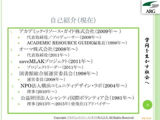 自己紹介（現在）
1. アカデミック・リソース・ガイド株式会社（2009年～ ）
 代表取締役／プロデューサー（2009年～）
 ACADEMIC RESOURCE GUIDE編集長（1998年～）
2. オーマ株式会社（2008年～）
 代表取締役（2011年～）
3. saveMLAKプロジェクト（2011年～）
 プロジェクトリーダー（2011年～）
4. 図書館総合展運営委員会（1998年～）
 運営委員（2008年～）
5. NPO法人横浜コミュニティデザイン・ラボ（2004年～）
 理事（2010年～）
6. 公益財団法人シャンティ国際ボランティア会（1981年～）
 理事（2013年～2015年）※現在はアドバイザー
学
問
を
生
か
す
社
会
へ
3
Copyright アカデミック・リソース・ガイド株式会社 All Rights Reserved. arg.ne.jp
 