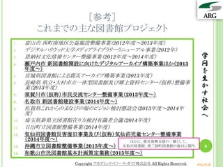 ［参考］
これまでの主な図書館プロジェクト
1. 富山市 西町南地区公益施設整備事業（2012年度～2013年度）
2. デジタルハリウッド大学メディアライブラリーリニューアル事業（2012年）
3. 恩納村文化情報センター整備事業（2012年度～2014年度）
4. 瀬戸内市 新図書館開設に向けたデジタルアーカイブ構築事業ほか（2013
年度～）
5. 宮城県図書館による震災アーカイブ構築事業（2013年度）
6. 長崎県 県立・大村市立一体型図書館及び郷土資料センター（仮称）整備事
業（2013年度）
7. 須賀川市（仮称）市民交流センター整備事業（2013年度～）
8. 名取市 新図書館建設事業（2014年度～）
9. 佐賀県これからのまなびの場のビジョン検討懇話会（2013年度～2014年
度）
10. 埼玉県新県立図書館在り方検討有識者会議（2014年度）
11. 日出町立図書館整備事業（2014年度）
12. 気仙沼図書館災害復旧事業及び（仮称）気仙沼児童センター整備事業
（2014年度～）
13. 沖縄市立図書館整備事業（2015年度～）
14. 和歌山市民図書館基本計画策定業務（2015年度～）
学
問
を
生
か
す
社
会
へ
6
Copyright アカデミック・リソース・ガイド株式会社 All Rights Reserved. arg.ne.jp
ほかに、震災復興支援の一環として、
名取市図書館、南三陸町図書館の復旧に関与
 