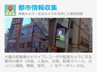 都市情報収集
車載カメラ・定点カメラを活用した動態調査
大量の営業車のドライブレコーダや監視カメラに写る
都市の様子（天候，人混み，渋滞，駐車スペース，ガ
ソリン価格，看板，信号，…）をデータベース化。
18
 