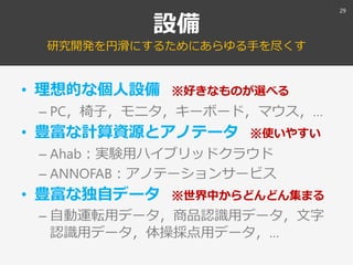 設備
研究開発を円滑にするためにあらゆる手を尽くす
• 理想的な個人設備 ※好きなものが選べる
– PC，椅子，モニタ，キーボード，マウス，…
• 豊富な計算資源とアノテータ ※使いやすい
– Ahab：実験用ハイブリッドクラウド
– ANNOFAB：アノテーションサービス
• 豊富な独自データ ※世界中からどんどん集まる
– 自動運転用データ，商品認識用データ，文字
認識用データ，体操採点用データ，…
29
 
