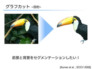 グラフカット   ~目的~




 前景と背景をセグメンテーションしたい！

                [Kumar et al ., ECCV 2008]
 