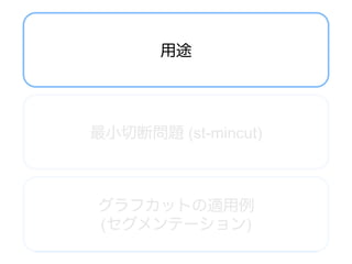 用途




最小切断問題 (st-mincut)



グラフカットの適用例
(セグメンテーション)
 