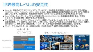  Azure は、日本初のクラウド セキュリティ ゴールドマークの取得 (外部監査人による ISO 27017 認定)を始め、
ISO 27018、HIPAA、FedRAMP、SOC 1、SOC 2 などの、幅広い国際的および業界固有のコンプライアンス基準に
適合しています。米国防総省、英国政府での採用、日本の FISC などの国ごとの基準も満たしています。
 Azure DC は、ネットワーク レイヤに人工知能を用いた DDoS / DOS / IDS 防御機能を標準で備え、不正な
トラフィックを自動検知・遮断することができます。
 マイクロソフトは、サイバークライム センターを運営しています。サイバークライムセンターでは、24 時間
の監視体制で、１日５億件以上のトラフィックを分析し、マルウェアの情報/状況を把握するとともに、攻撃元
の特定を行い、セキュリティ関連団体、インターポールや各国の警察機関に情報を提供しています。
 サイバークライム センターは、米国本社の他、日本を含む世界５都市に拠点を展開しています。
世界最高レベルの安全性
 