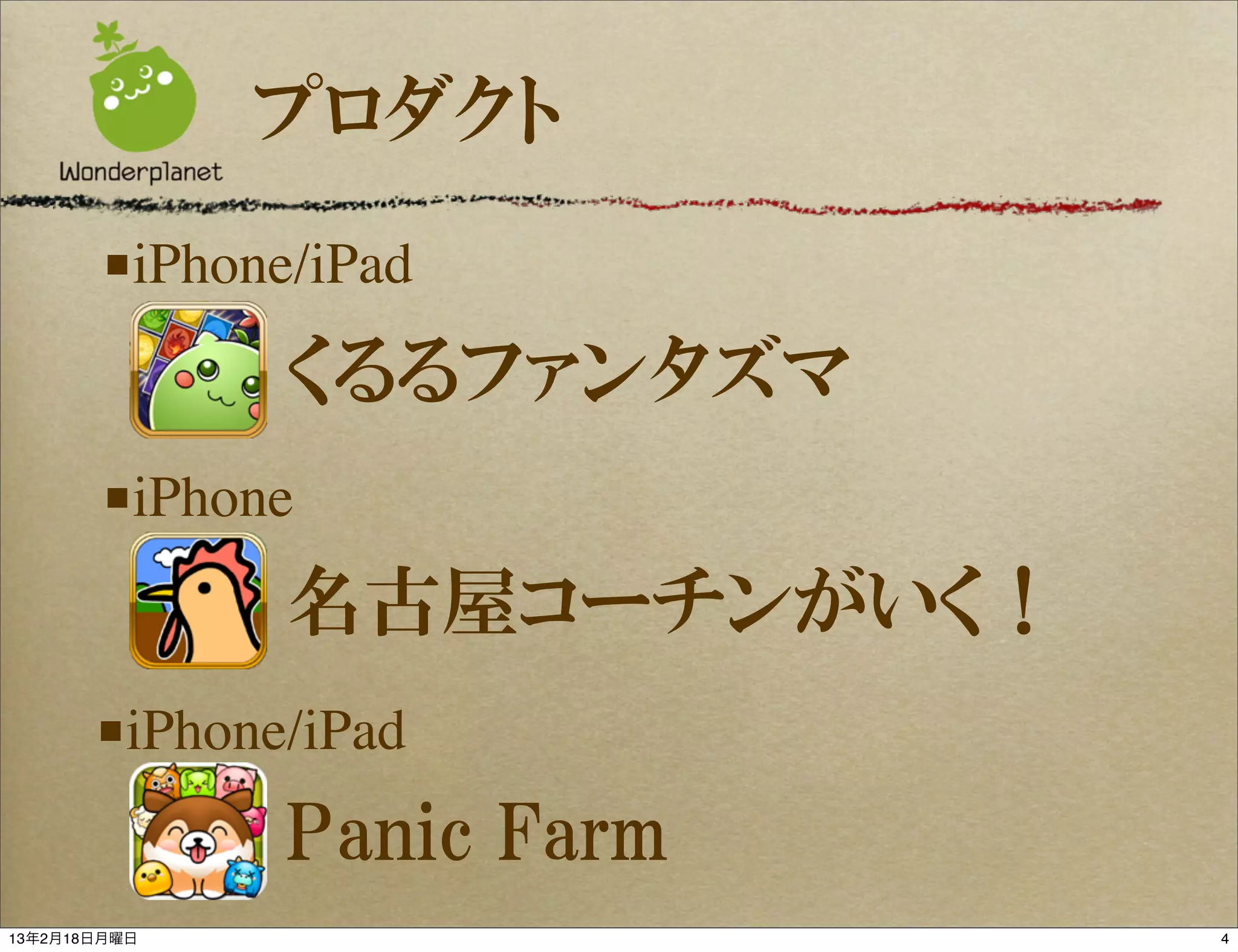 プロダクト
       ■iPhone/iPad
              くるるファンタズマ
       ■iPhone
              名古屋コーチンがいく！
       ■iPhone/iPad
              Panic  Farm
13年2月18日月曜日                 4
 