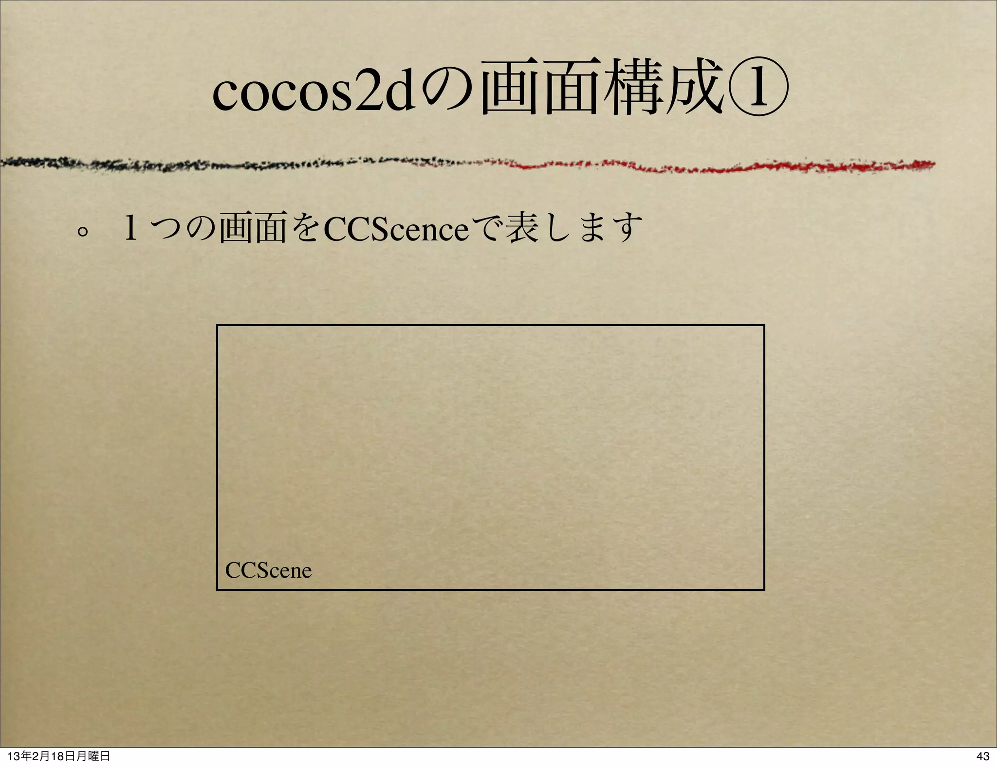 cocos2dの画面構成①

              １つの画面をCCScenceで表します




                  CCScene




13年2月18日月曜日                         43
 