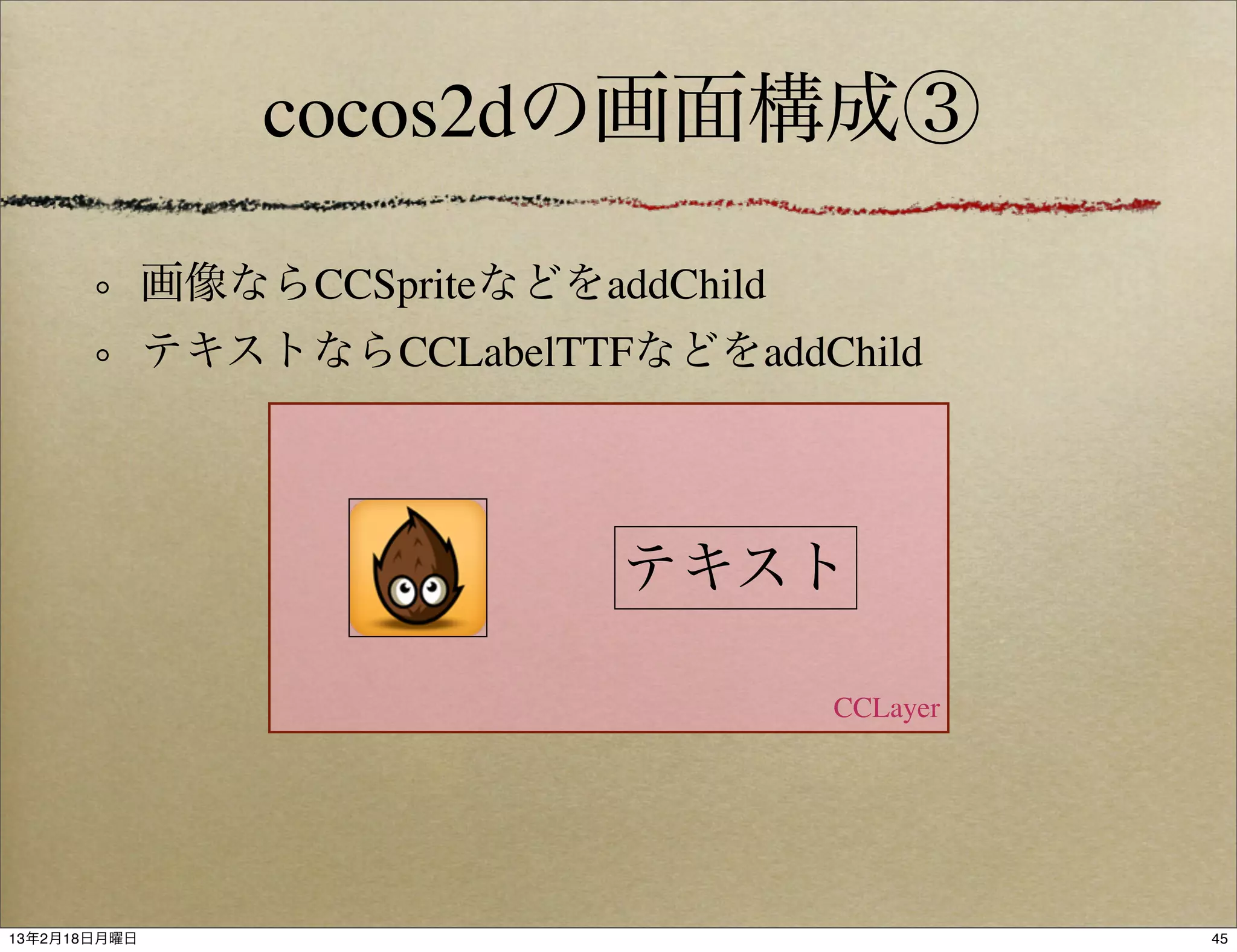 cocos2dの画面構成③

              画像ならCCSpriteなどをaddChild
              テキストならCCLabelTTFなどをaddChild




                               テキスト

                                        CCLayer




13年2月18日月曜日                                       45
 